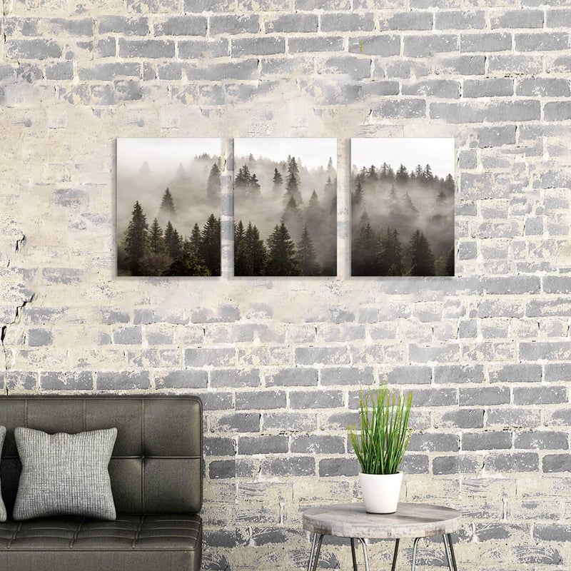 Hardy Gallery Foggy Forest Picture Wall Art: Landscape Painting Misty Pine Trees Artwork Print on Canvas for Kids Rooms(16"x12"x3pcs) - Image 5